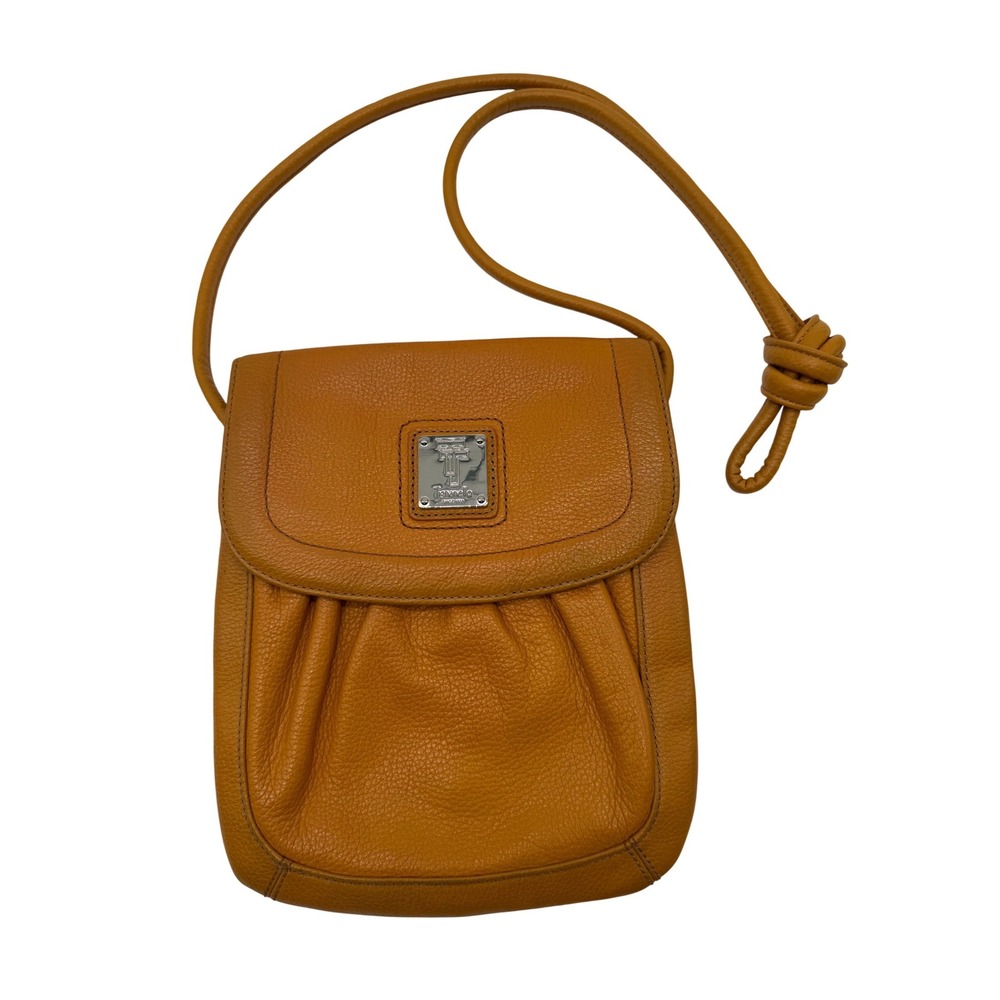Tignanello Mustard Yellow Pebbled Leather Crossbody Bag Flap Messenger Purse